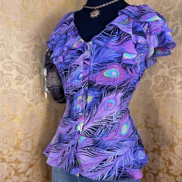 ✨Vintage Y2K Boho Rainbow Peacock Feather Pleated Ruffle Blouse✨ - Picture 2 of 7